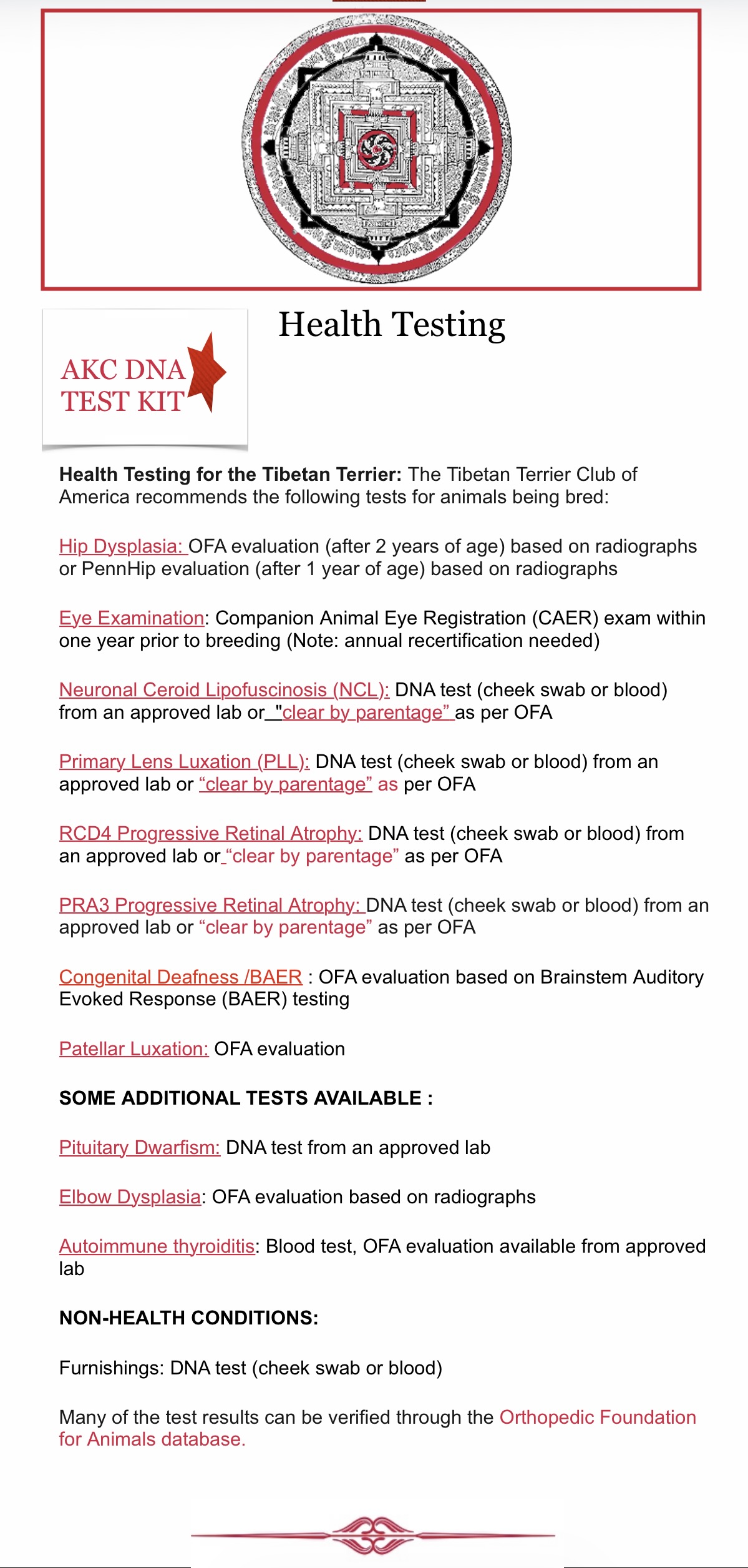 Screenshot of the Tibetan Terrier Club of America's breed-specific health testing recommendations